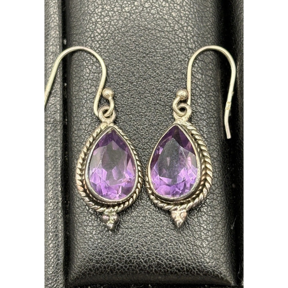 EUC Sterling Silver Genuine Amethyst Pear Dangle Earrings D28